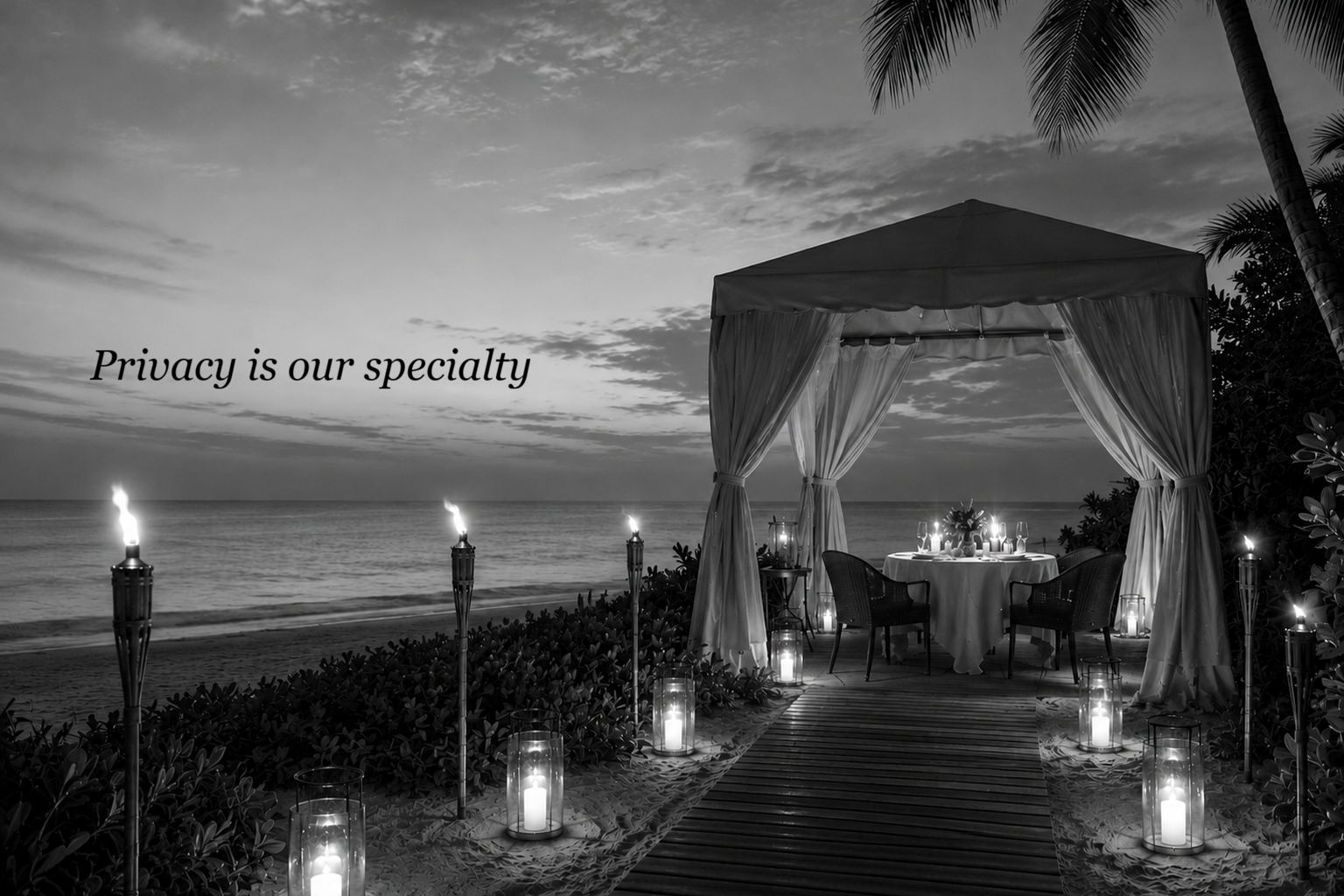 Private beach dinner with the words Privacy is our specialty
