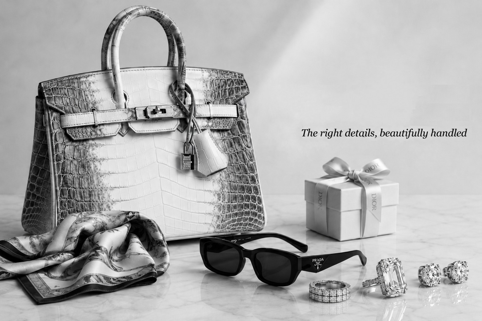 Luxury accessories with the words The right details beautifully handled