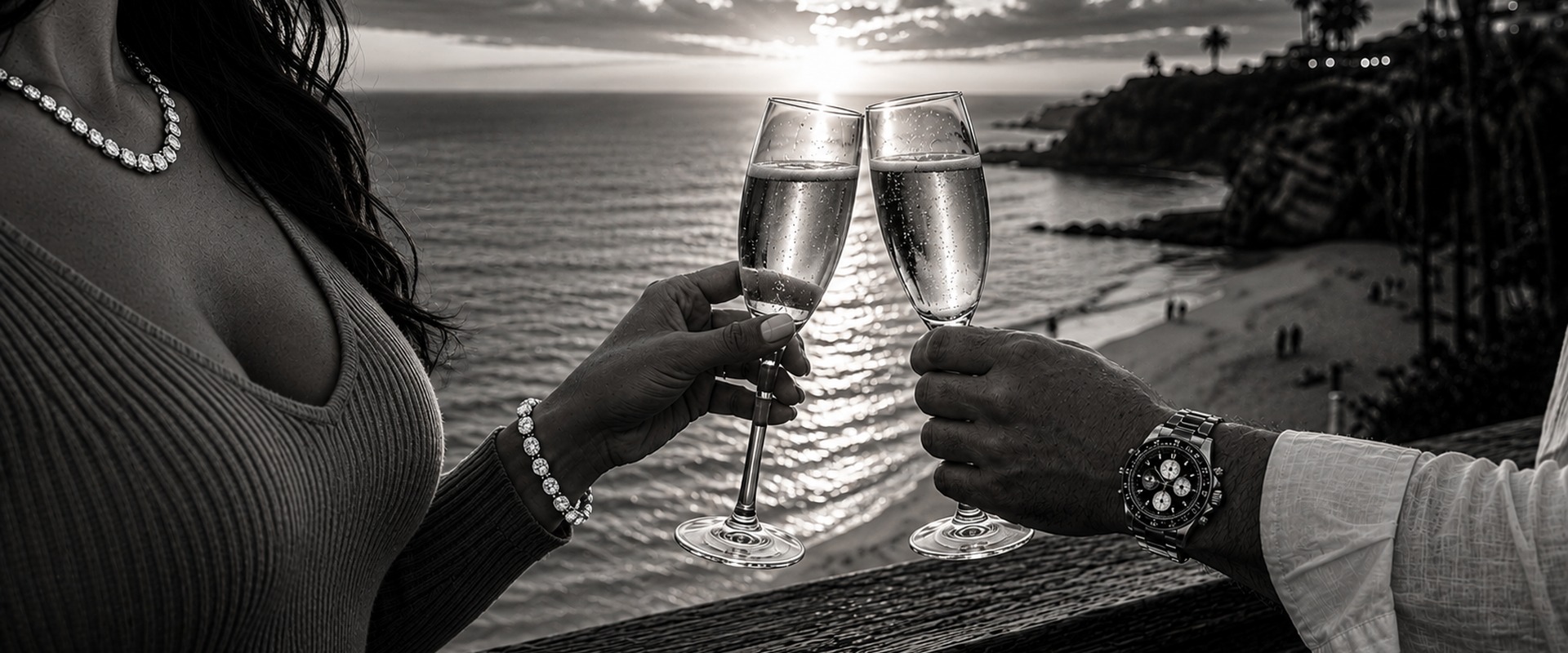 Champagne overlooking a coastal destination