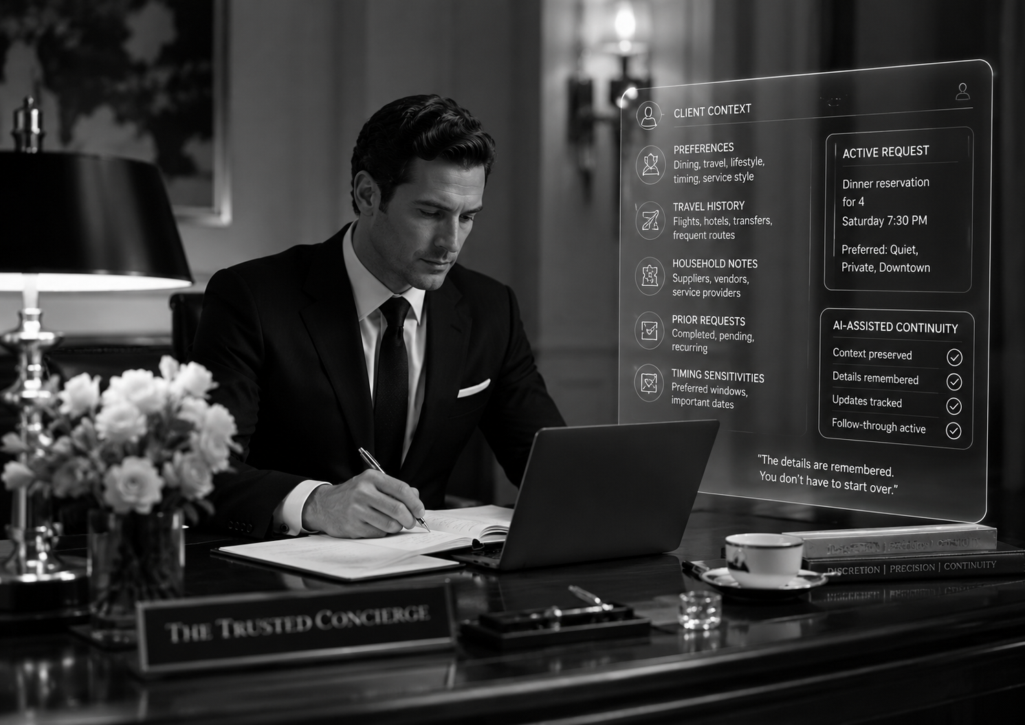 A private concierge professional supported by a visual AI continuity layer showing client preferences, travel history, household details, prior requests, and active needs.