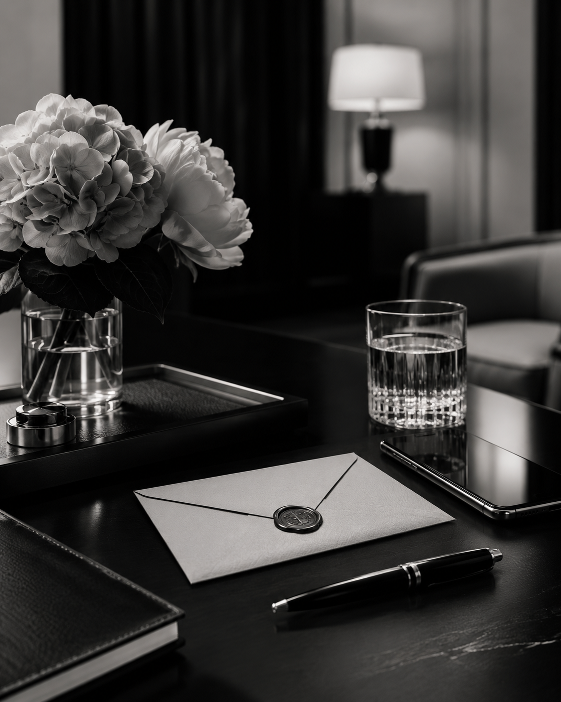 An elegant private desk with a sealed envelope, flowers, phone, and writing instruments representing discreet, polished concierge service.