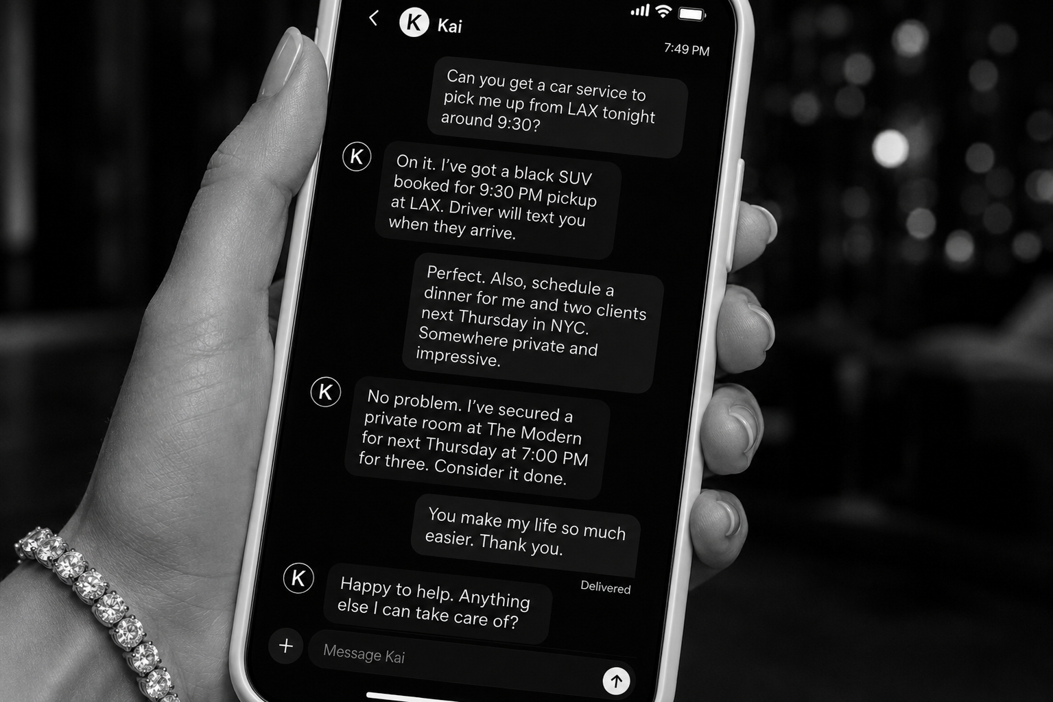 A client texting with Kai as transportation and dining requests are handled through an AI-supported concierge experience.
